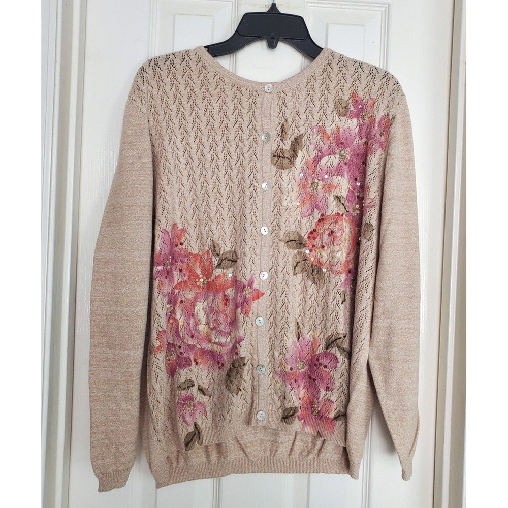 Alfred Dunner Cottagecore Cardigan Tan Floral Beaded Pointelle‎ Knit Sweater 2X